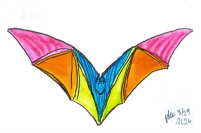 A bat drawn in bold marker with wings split into pink, orange, green and blue panels