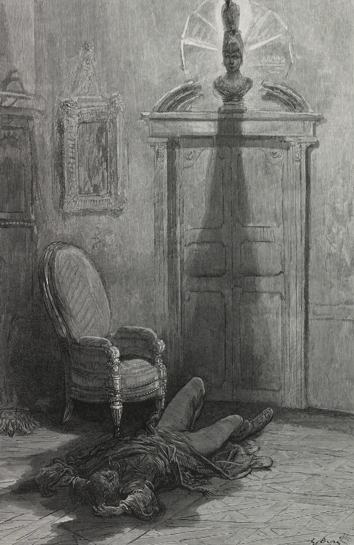 Engraving of a long shadow cast across a room from a bust above a doorway